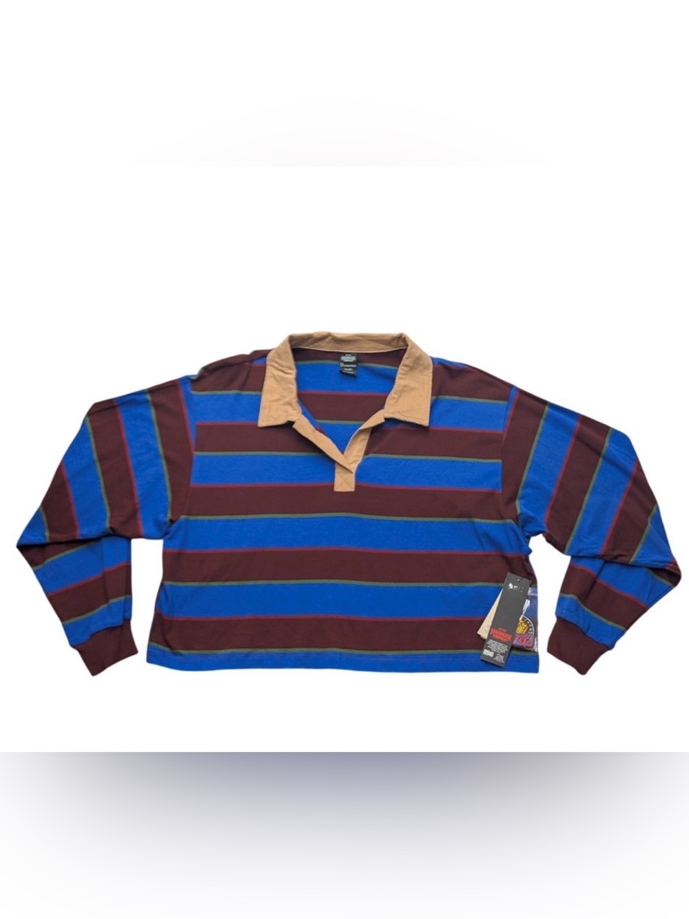 NWT STRANGER THINGS No Boundaries Striped Rugby Shirt in Blue, Maroon & Tan